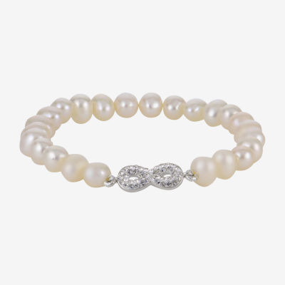 Cultured Freshwater Pearl & Crystal Infinity Sterling Silver Stretch Bracelet