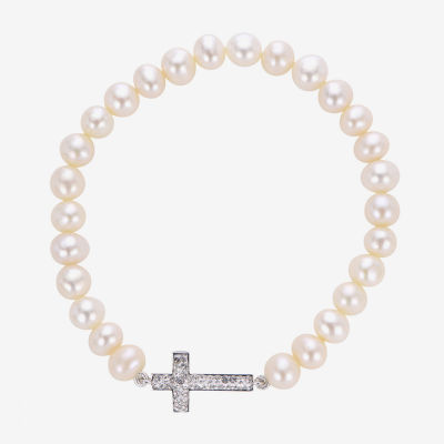 Cultured Freshwater Pearl & Crystal Sideways Cross Stretch Bracelet