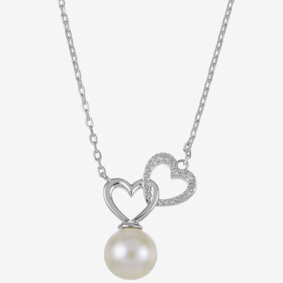 Womens White Cultured Freshwater Pearl Sterling Silver Heart Pendant Necklace