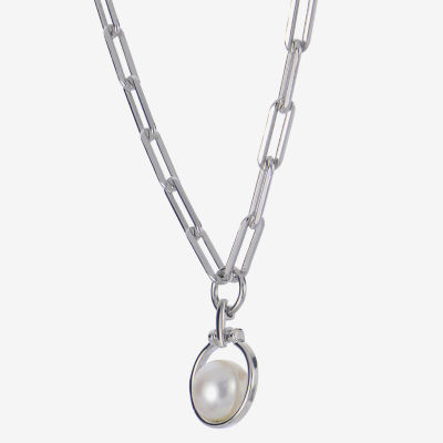 Womens White Cultured Freshwater Pearl Sterling Silver Pendant Necklace