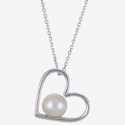 Womens White Cultured Freshwater Pearl Sterling Silver Heart Pendant Necklace