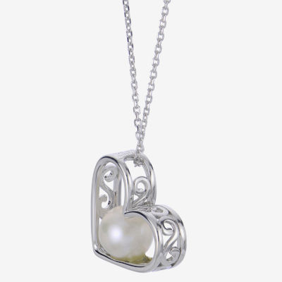 Womens White Cultured Freshwater Pearl Sterling Silver Heart Pendant Necklace