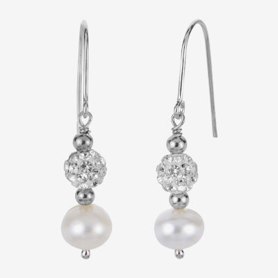 Womens White Cultured Freshwater Pearl Sterling Silver Ball Drop Earrings