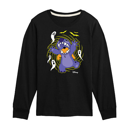 Disney Collection Little & Big Boys Crew Neck Long Sleeve Stitch Graphic T-Shirt, Small, Black