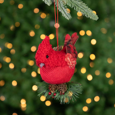 5'' Red Burlap Cardinal with Pine Needles and Berries Christmas Ornament