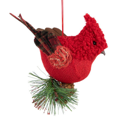 5'' Red Burlap Cardinal with Pine Needles and Berries Christmas Ornament