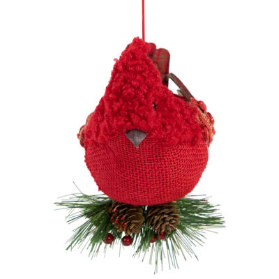 5'' Red Burlap Cardinal with Pine Needles and Berries Christmas Ornament