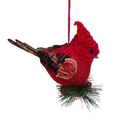 6.5'' Red Burlap  Cardinal with Pine Needles and Berries Christmas Ornament
