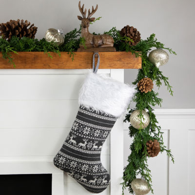 19'' Gray and White Reindeer and Snowflake Knit Christmas Stocking with Faux Fur Cuff