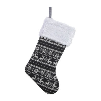 19'' Gray and White Reindeer and Snowflake Knit Christmas Stocking with Faux Fur Cuff