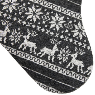 19'' Gray and White Reindeer and Snowflake Knit Christmas Stocking with Faux Fur Cuff