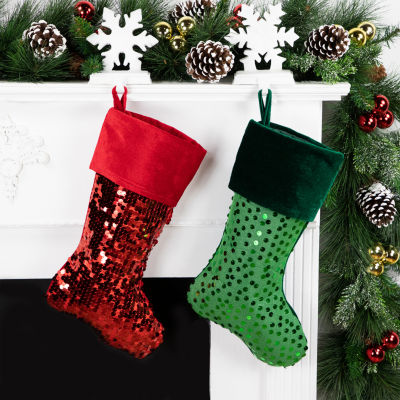 20'' Shiny Metallic Green Sequined Christmas Stocking with Velveteen Cuff