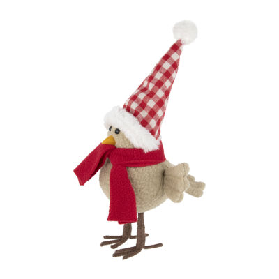 10'' Beige Standing Bird with Red Scarf and Plaid Hat Christmas Figure