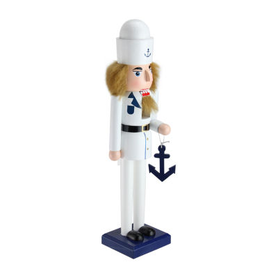 15'' White and Blue Navy Sailor with Anchor Wooden Christmas Nutcracker