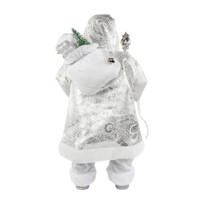 24'' Silver and White Santa Claus with Staff and Gift Bag Christmas Figure