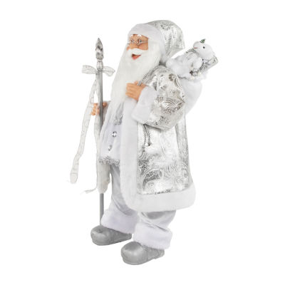 24'' Silver and White Santa Claus with Staff and Gift Bag Christmas Figure