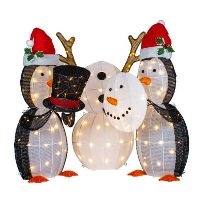 Set of 3 LED Lighted Penguins Building Snowman Outdoor Christmas Decoration 35"