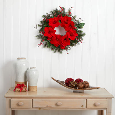 Nearly Natural 24in Amaryllis Indoor Christmas Wreath