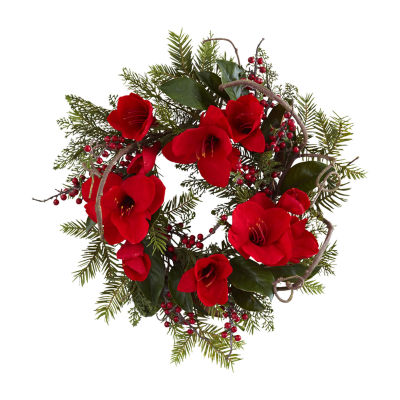 Nearly Natural 24in Amaryllis Indoor Christmas Wreath