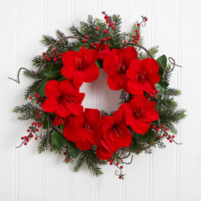 Nearly Natural 24in Amaryllis Indoor Christmas Wreath