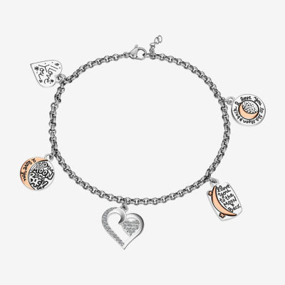 Footnotes Love Crystal Pure Silver Over Brass Stainless Steel 8 Inch Rolo Heart Moon Charm Bracelet