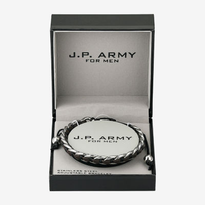 J.P. Army For Men Brown Leather Link Mens Stainless Steel Bolo Bracelet