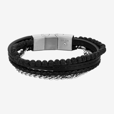 J.P. Army Leather Lava Bead Stainless Steel 8 Inch Curb Chain Bracelet
