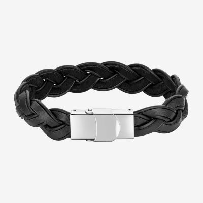 J.P. Army Black Leather Braid Mens Stainless Steel Cord Bracelet