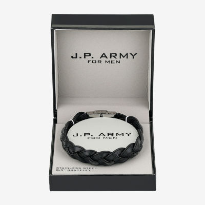 J.P. Army Black Leather Braid Mens Stainless Steel Cord Bracelet