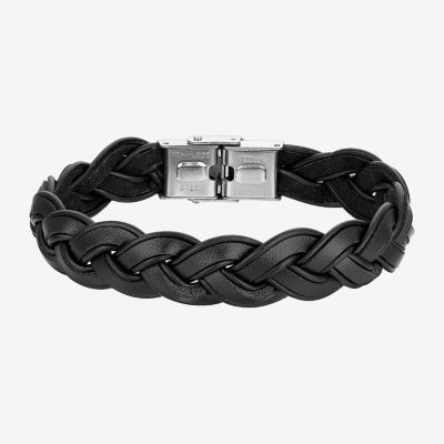 J.P. Army Black Leather Braid Mens Stainless Steel Cord Bracelet