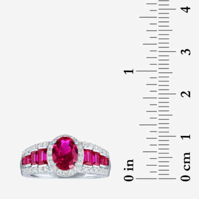 Womens Lab Created Red Ruby Sterling Silver Halo Side Stone Cocktail Ring