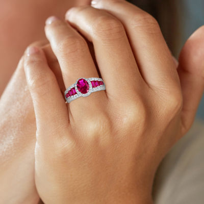 Womens Lab Created Red Ruby Sterling Silver Halo Side Stone Cocktail Ring