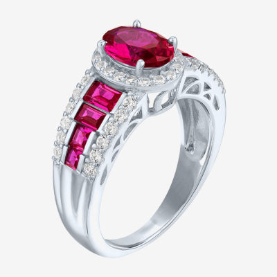 Womens Lab Created Red Ruby Sterling Silver Halo Side Stone Cocktail Ring