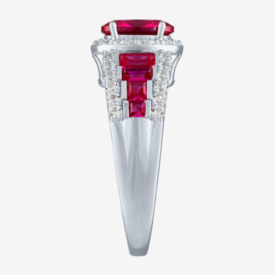 Womens Lab Created Red Ruby Sterling Silver Halo Side Stone Cocktail Ring