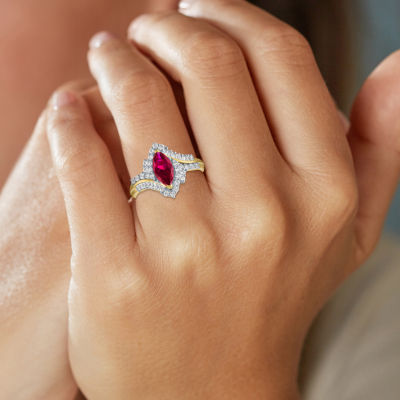 Womens Lab Created Red Ruby 14K Gold Over Silver Halo Side Stone Cocktail Ring