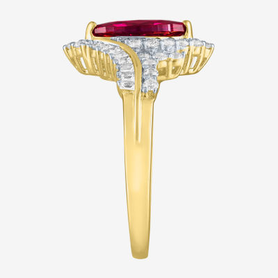 Womens Lab Created Red Ruby 14K Gold Over Silver Halo Side Stone Cocktail Ring