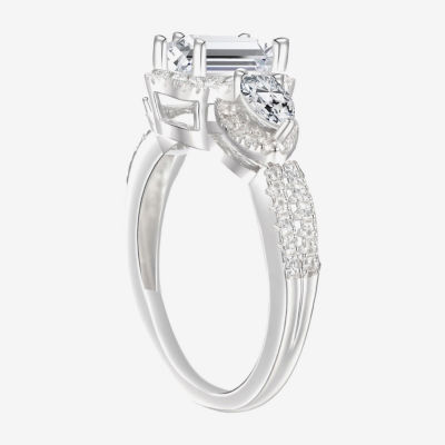 Womens Lab Created White Sapphire Sterling Silver Halo 3-Stone Cocktail Ring