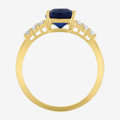 Womens Lab Created Blue Sapphire 10K Gold Side Stone Solitaire Cocktail Ring