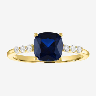 Womens Lab Created Blue Sapphire 10K Gold Side Stone Solitaire Cocktail Ring