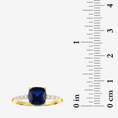 Womens Lab Created Blue Sapphire 10K Gold Side Stone Solitaire Cocktail Ring