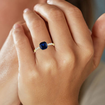 Womens Lab Created Blue Sapphire 10K Gold Side Stone Solitaire Cocktail Ring