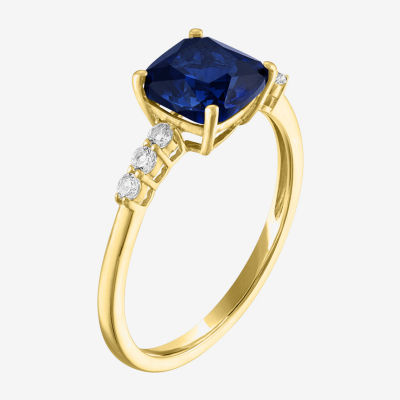 Womens Lab Created Blue Sapphire 10K Gold Side Stone Solitaire Cocktail Ring