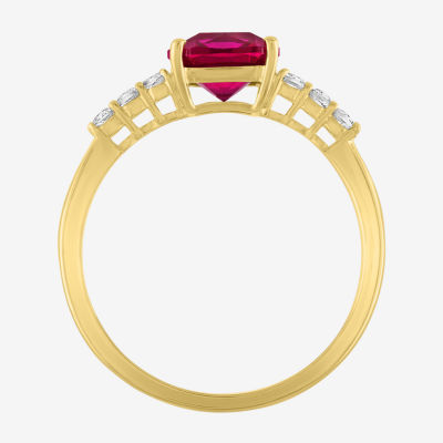 Womens Lab Created Red Ruby 10K Gold Cushion Side Stone Solitaire Cocktail Ring