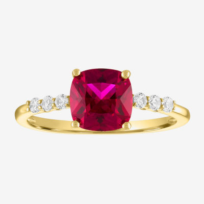 Womens Lab Created Red Ruby 10K Gold Cushion Side Stone Solitaire Cocktail Ring