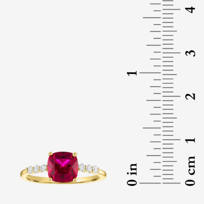 Womens Lab Created Red Ruby 10K Gold Cushion Side Stone Solitaire Cocktail Ring