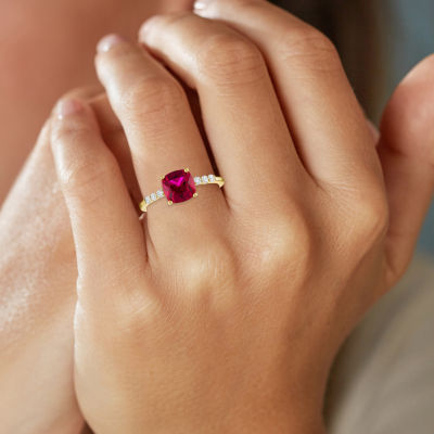 Womens Lab Created Red Ruby 10K Gold Cushion Side Stone Solitaire Cocktail Ring