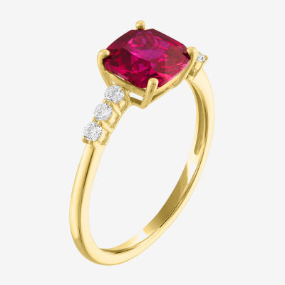 Womens Lab Created Red Ruby 10K Gold Cushion Side Stone Solitaire Cocktail Ring