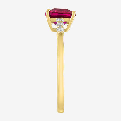 Womens Lab Created Red Ruby 10K Gold Cushion Side Stone Solitaire Cocktail Ring