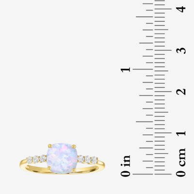 Womens Lab Created White Opal 10K Gold Side Stone Solitaire Cocktail Ring