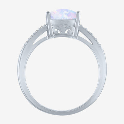 Womens Lab Created White Opal Sterling Silver Side Stone Solitaire Cocktail Ring